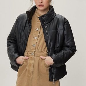 Trendy black puffer leather jacket